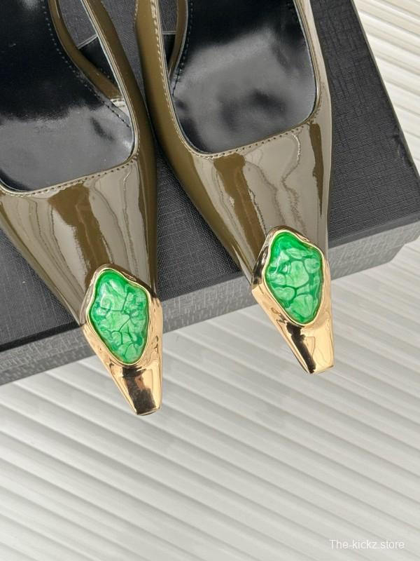 2024 Women Yves Saint Laurent Olive Green Gold Calf Leather Slingback Gemstone High Heels MJ00330
