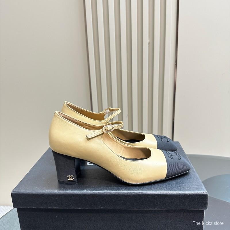 2025 Women Chanel Beige Black Leather Mary Jane Shoes KFY00290