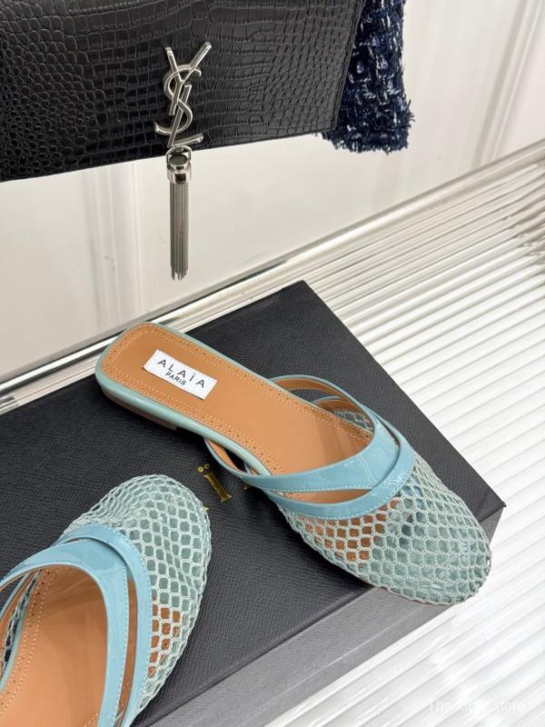 2025 Women AlAIA Light Blue White Leather Mesh Flat Slippers