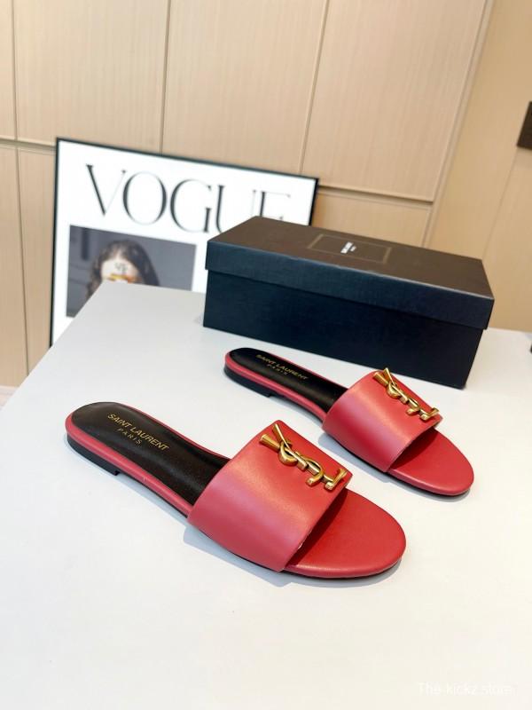 2025 Women Yves Saint Laurent Red Leather Slippers LY00180