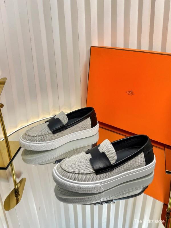 2025 Unisex Hermès Black White Leather Fabric Loafers LY00310(F)/LY00320(M)