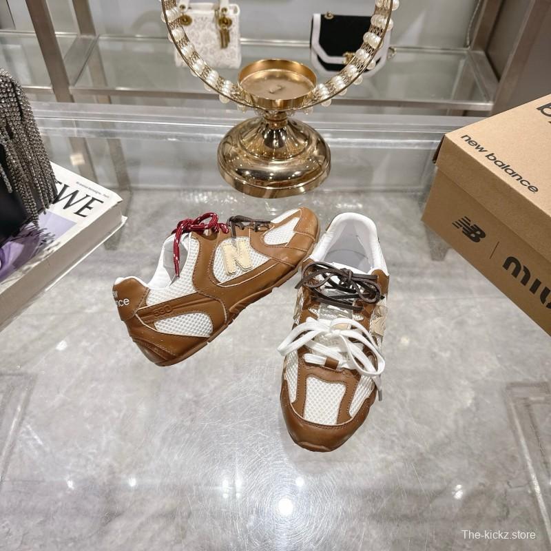 2025 Women Miumiu Brown White Leather Mesh Sneakers