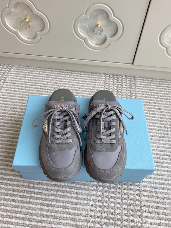 2025 Women Prada Grey Suede Nylon Sneakers LY00290