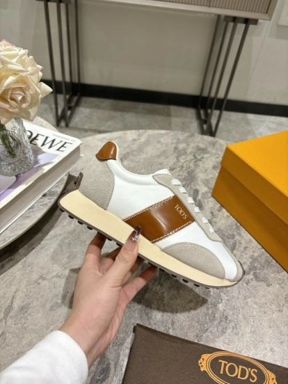 2025 Women TOD'S White Brown Beige Leather Suede Sneakers
