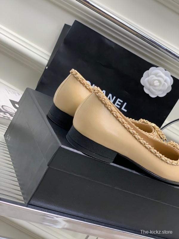 2025 Women Chanel Beige Black Leather Ballet Flats
