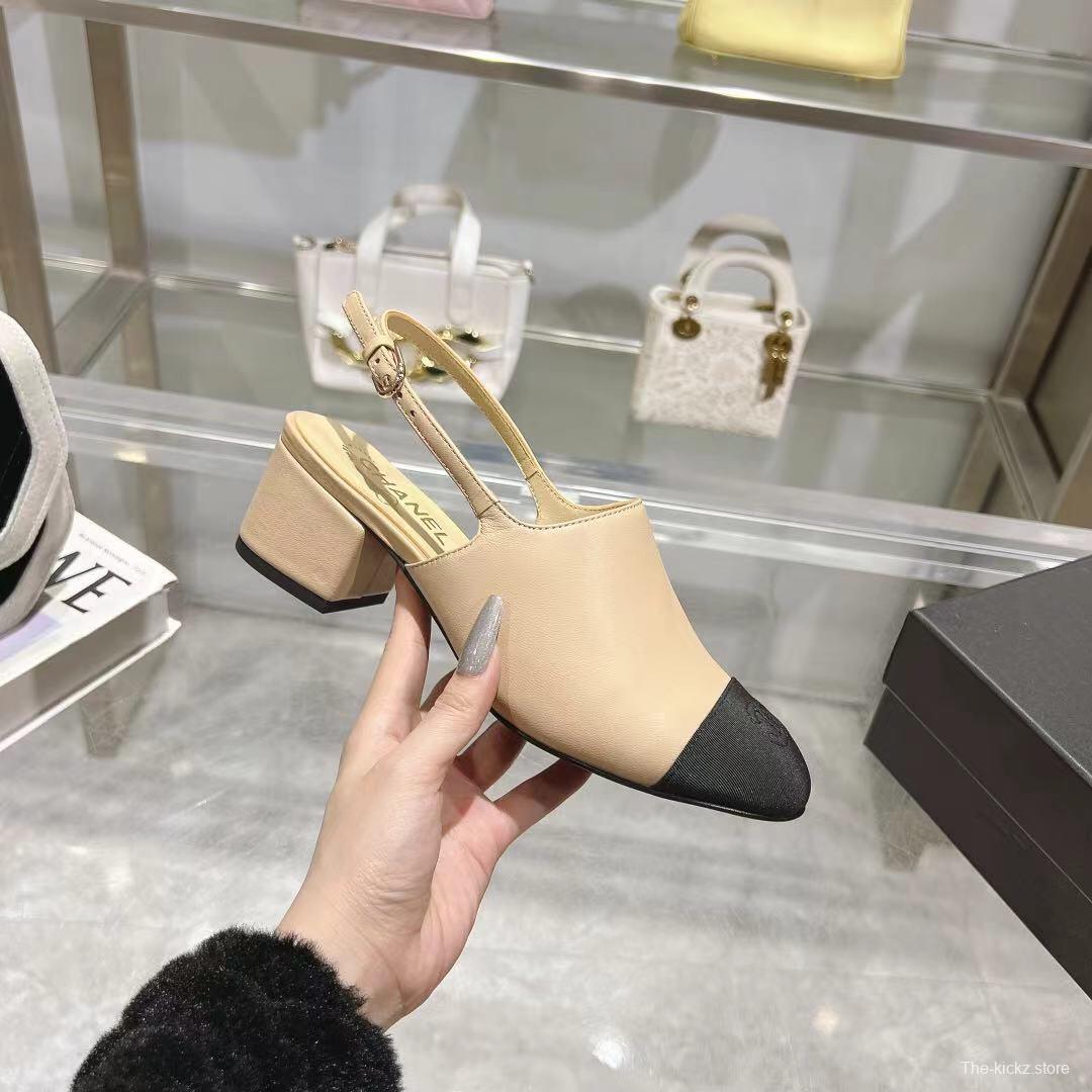 2025 Women Chanel Beige Black Leather Slingback Block Heel LY00300