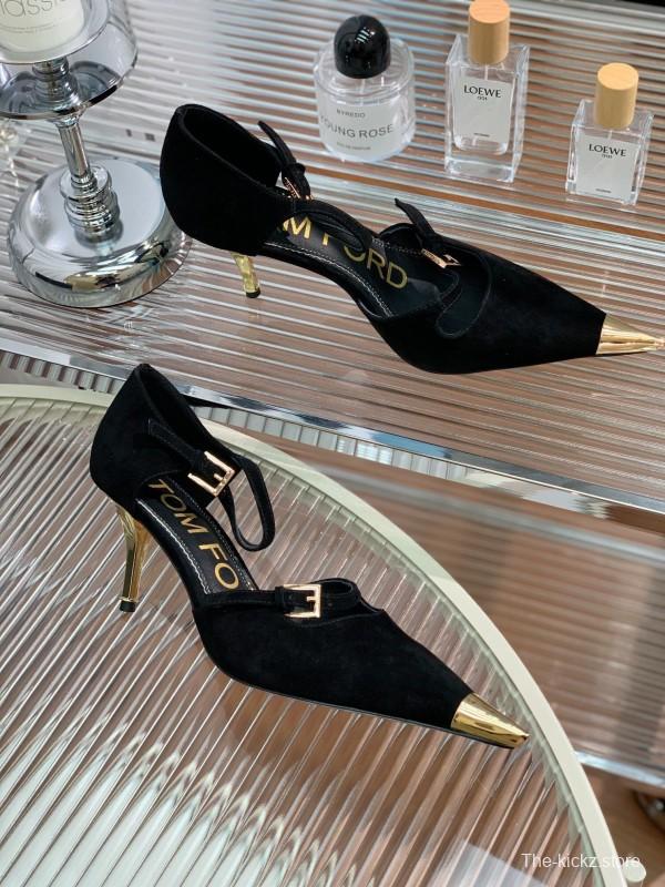 2025 Women TOM FORD Black Gold Suede Leather Pointed Pumps KFY00320