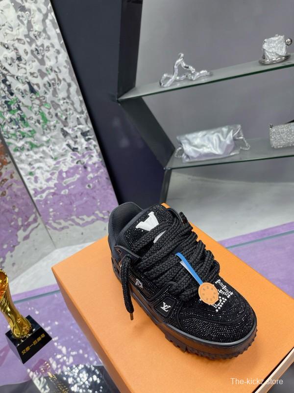 2024 Kids Louis Vuitton Black Rhinestone Fabric LV Trainer
