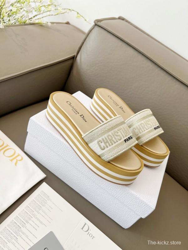 2025 Women Dior White Beige Canvas Platform Slippers