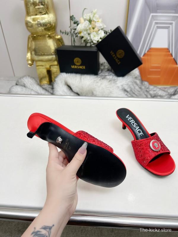 2025 Women VERSACE Red Silk Rhinestone Kitten Heel MJ00230