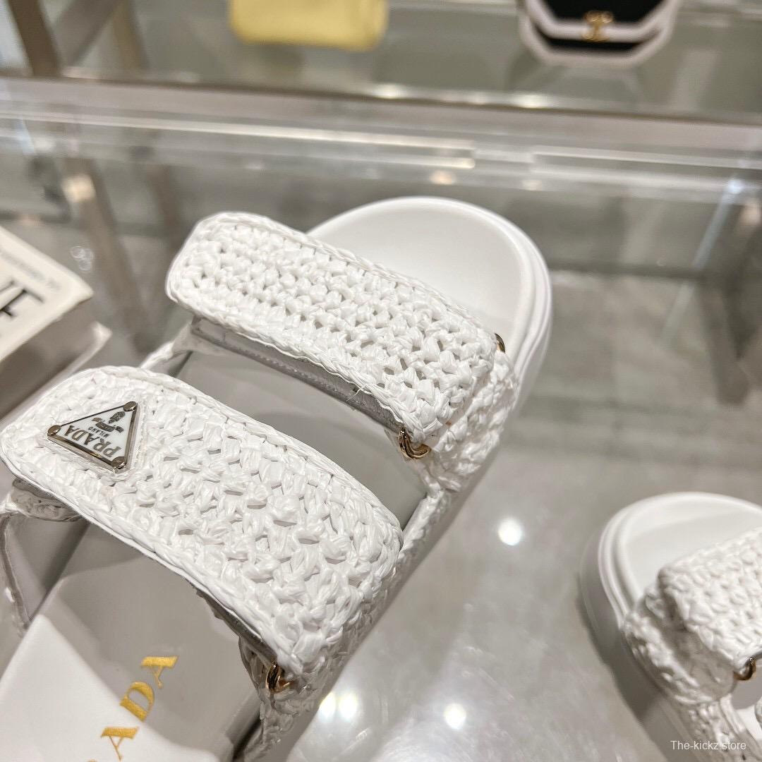 2025 Women Prada White Knit Leather Slippers