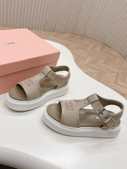 2025 Women Miu Miu Beige Canvas Sandals Buckle LY00360