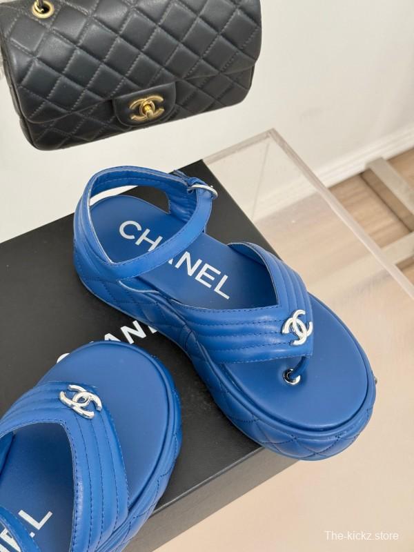 2025 Women Chanel Blue Leather Platform Sandals