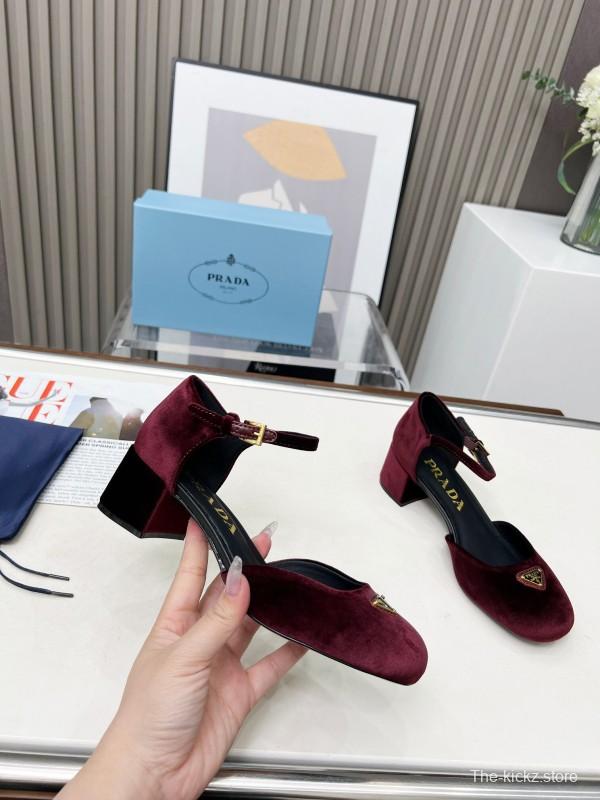 2025 Women Prada Burgundy Velvet Mary Jane Buckle KFY00270