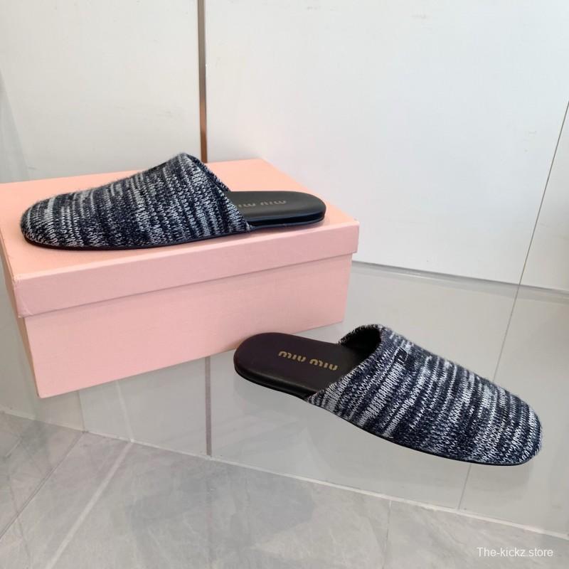 2025 Women Miu Miu Black White Knit Leather Slippers