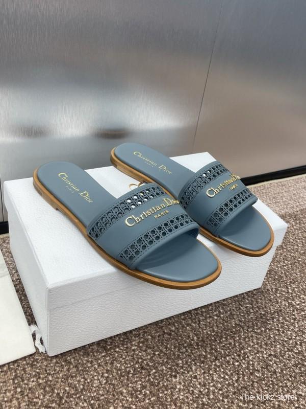 2025 Women Dior Blue Leather Slippers KFY00300