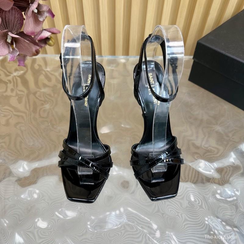 2025 Women Yves Saint Laurent Black Patent Leather High Heel Sandals Metal Logo MJ00310