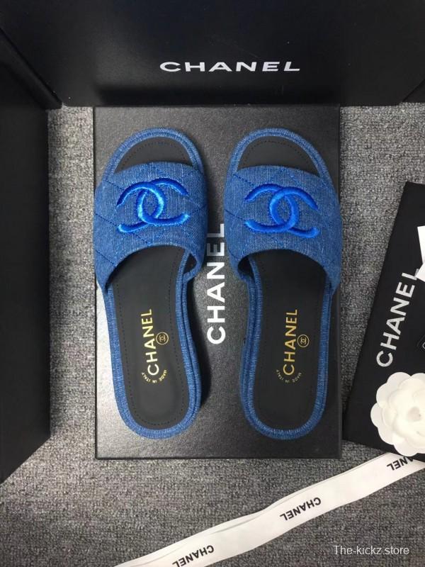 2025 Women Chanel Blue Fabric Slippers LY00000