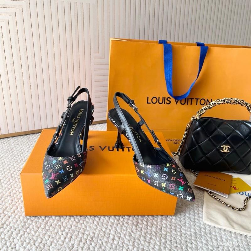 2025 Women Louis Vuitton Black Multicolor Canvas Leather Slingback Heels