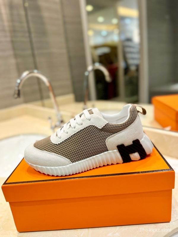 2024 Women Hermès beige white mesh leather sneakers