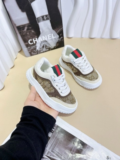 2024 Kids GUCCI Brown Beige White Leather Sneakers