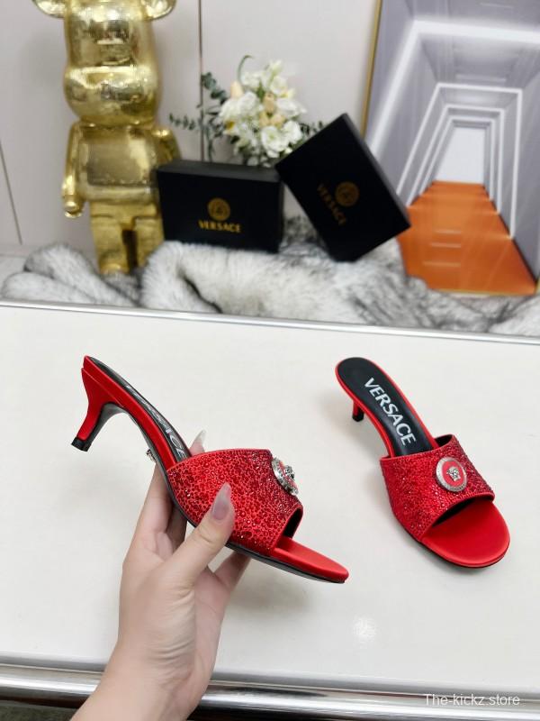 2025 Women VERSACE Red Silk Rhinestone Kitten Heel MJ00230