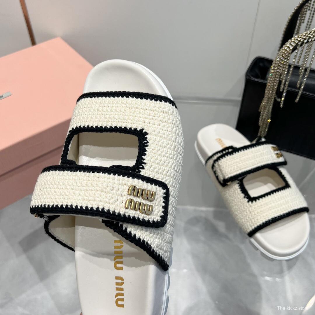 2025 Miu Miu White Black Knitted Leather Slippers KFY00290