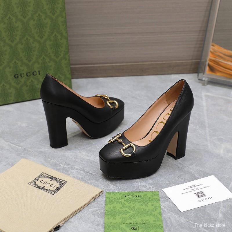 2025 Women Gucci Black Sheep Leather Platform Pumps KFY00320