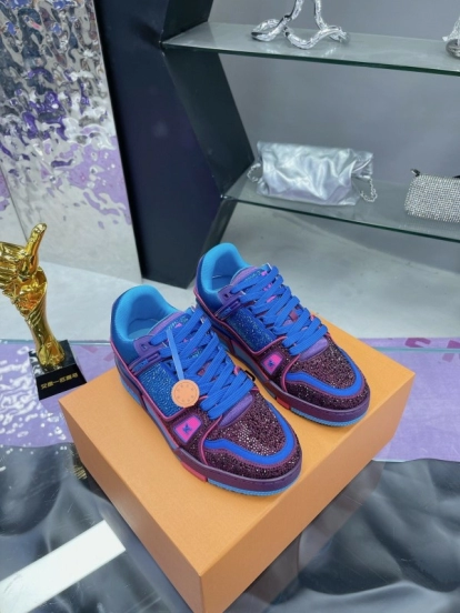 2025 Women Louis Vuitton Blue Purple Leather Fabric Plimsolls Handcrafted Rhinestones AS00400