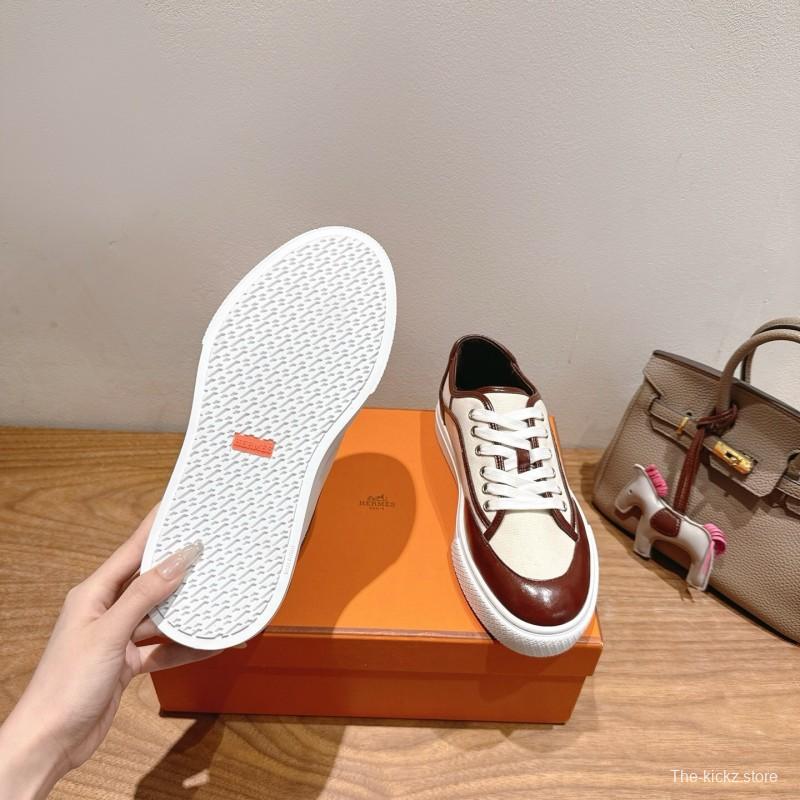 2025 Unisex Hermes Brown White Fabric Leather Sneakers AS00380