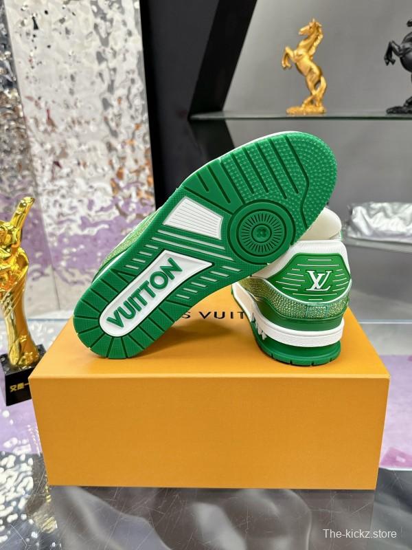 2025 Unisex Louis Vuitton Green White Leather Canvas Plimsolls Handcrafted Diamonds AS00400