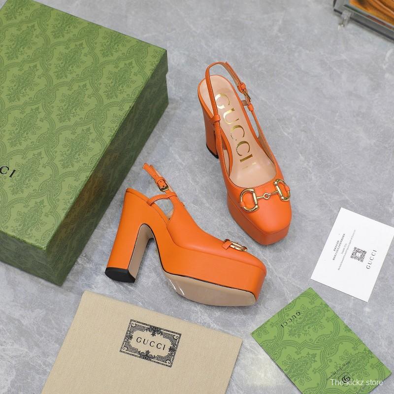 2025 Women Gucci Orange Leather Platform High Heels KFY00320