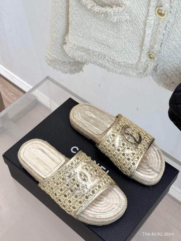 2025 Women Chanel Beige Custom Material Rope Sole Slippers Big CC Hollow Weave KFY00240