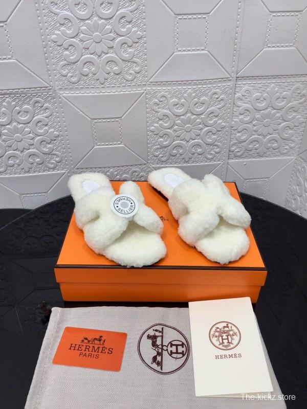 H Teddy Wool H Slippers Flat Sole Fur Slides - LY00240