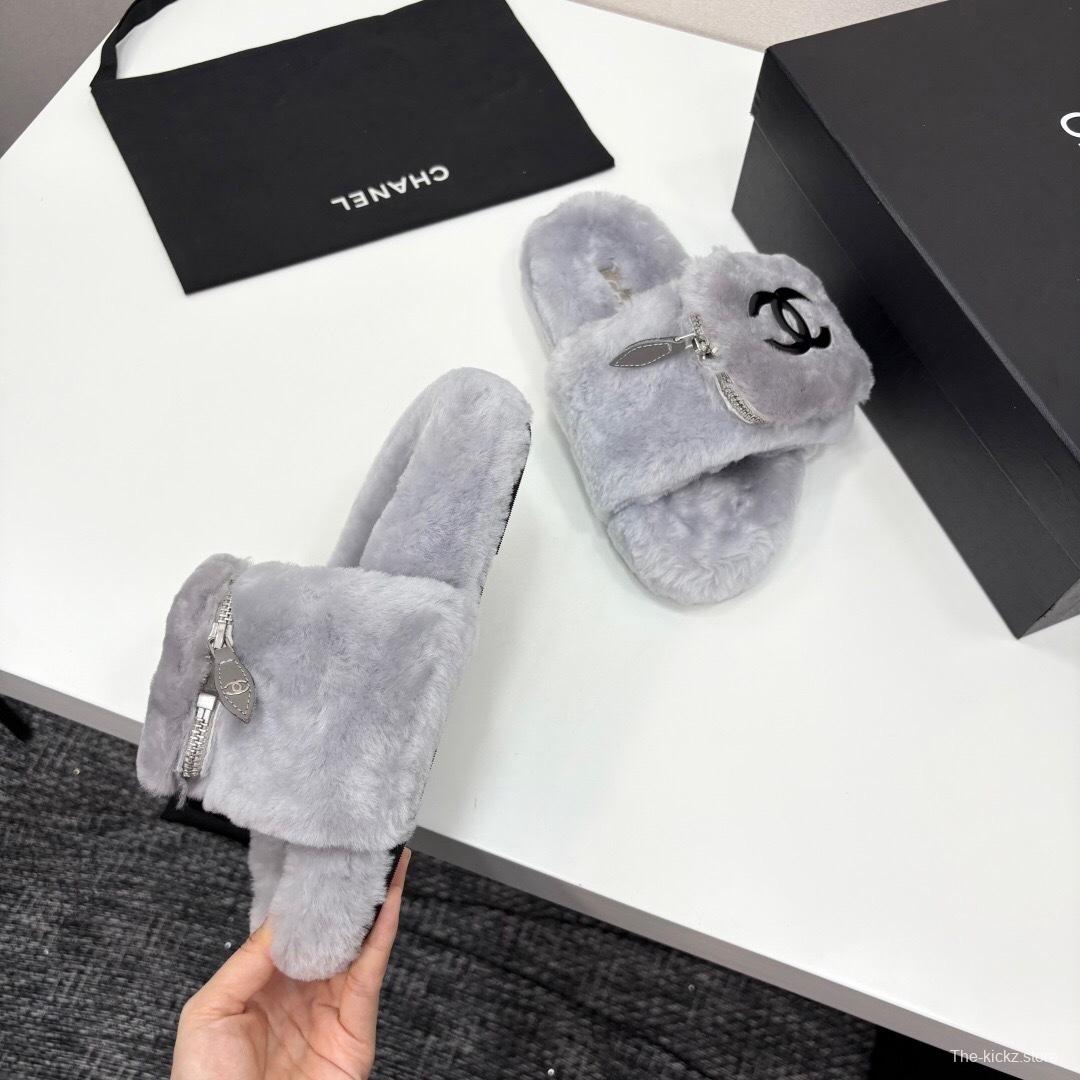 Chanel Fluffy Slippers Latest Color Design with Rubber Sole - LY00270