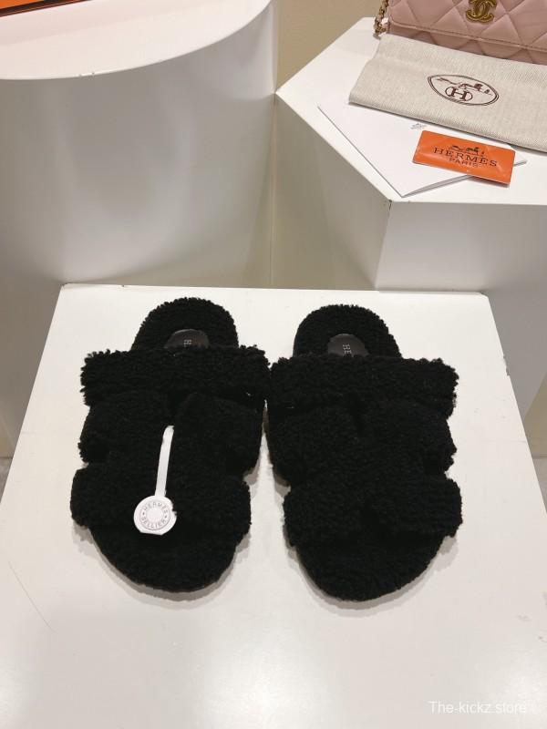 H Full Straight Hair Particle Fur Slippers - LY00300