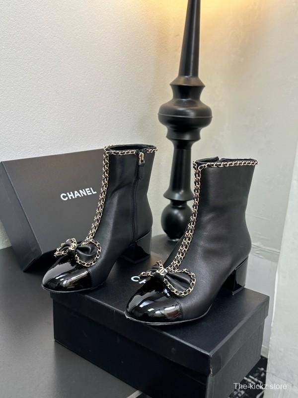 Chanel 2025/SS Chain Bow Chunky Heel Ankle Boots - LY00370
